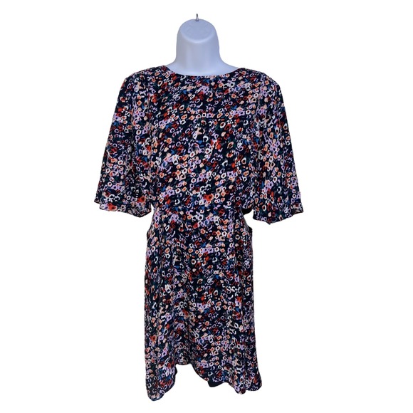 French Connection Floral Print Lined Dress Cutout Waist Short Sleeve Size Large - Picture 2 of 11